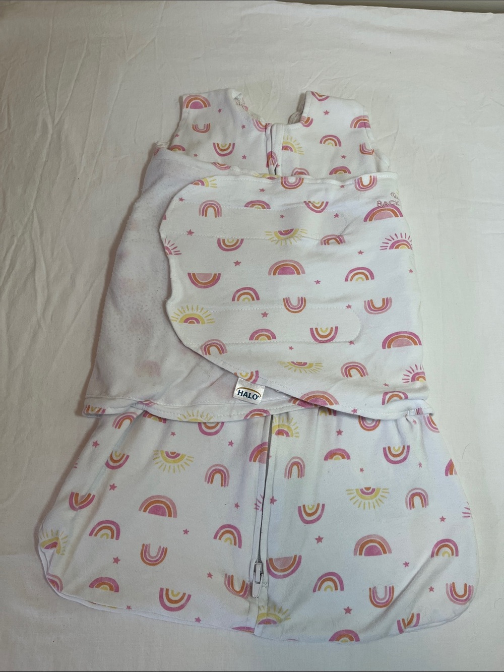 Newborn Halo Infant Wearable Swaddle - White with Pink & Yellow Rainbow Print